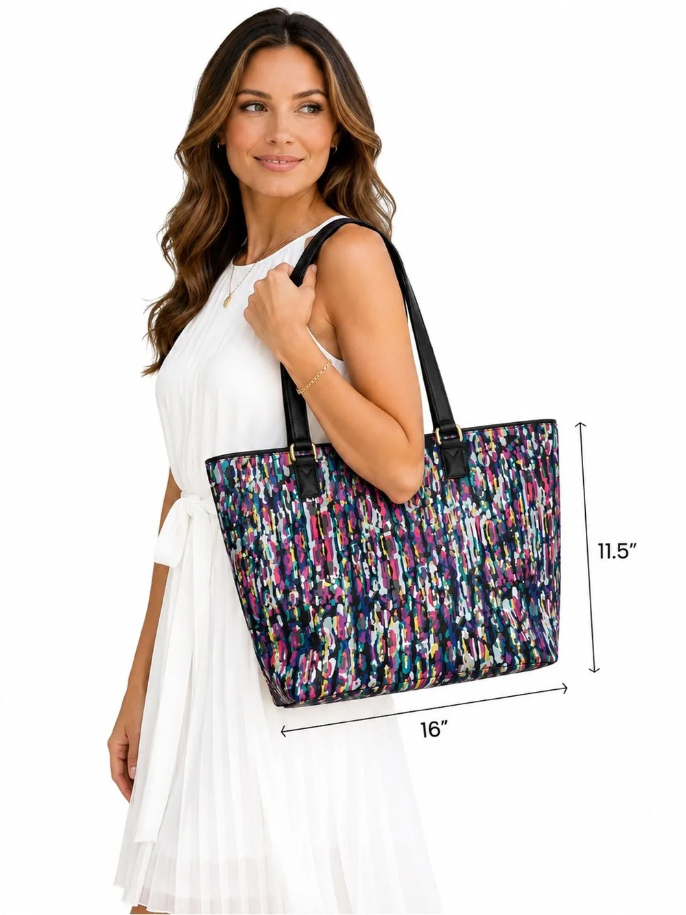 Vera Bradley Ella Tote Colorful Abstract Print Water-Resistant Bag Leather Trim - Picture 2 of 16